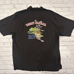 Tommy Bahama Golf 100% Silk Shirt Daily Dose Of Iron Embroidery Black